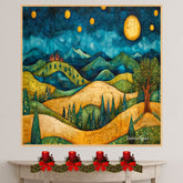Golden Hills and Starry Night with Folk Art Homes and Trees in a Whimsical Christmas Landscape Painting on Ready to Hang 1.5" Thick Canvas Wrap, Floating Framed Canvas, Flat Rolled Canvas
